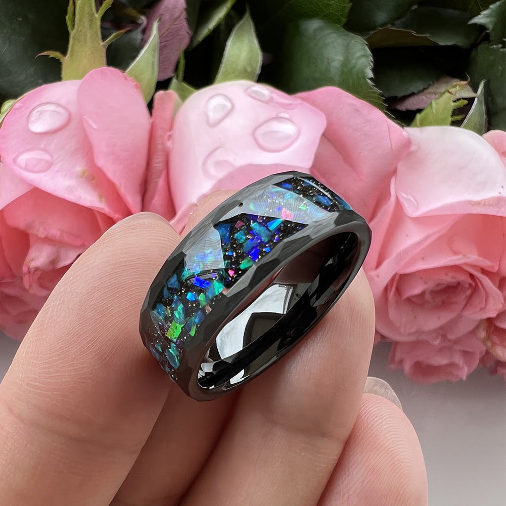 Tungsten Steel Flat Beating Starry Sky Opal Ring